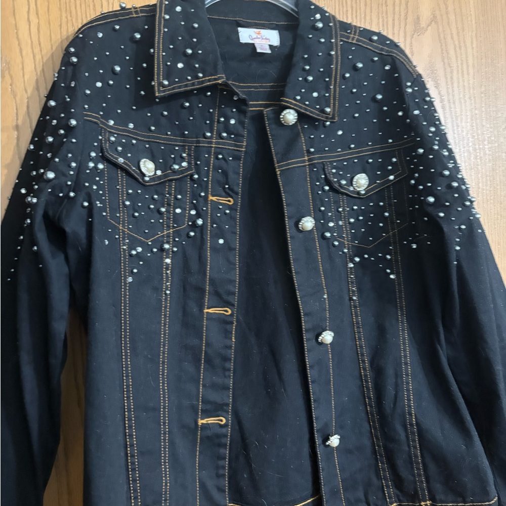 Quacker Factory Black Jean Jacket with Pearl Embellishments